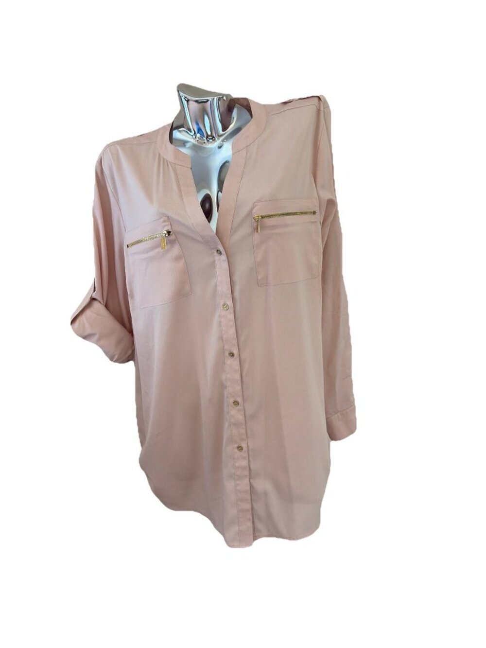 Calvin Klein Button Front Blouse Size 0X Blush Zip Pockets Roll Tab Sleeves NEW